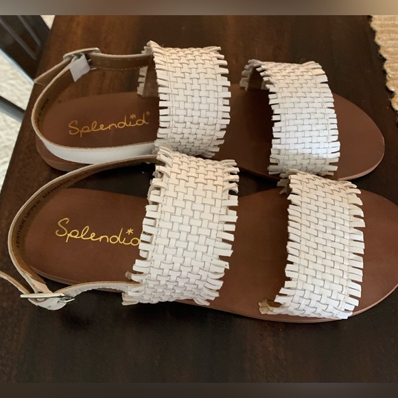 Women white woven adjustable strap, round toe, block heel buckle leather sandals - Picture 6 of 14